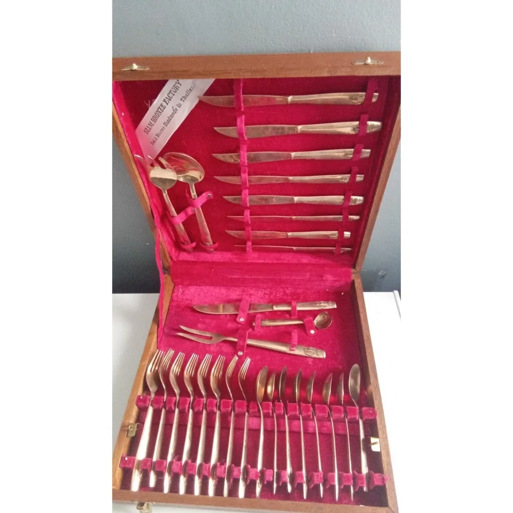Siam Bronze Flatware Set Gold Bronze Cutlery Service for 6‎ in Wood Case